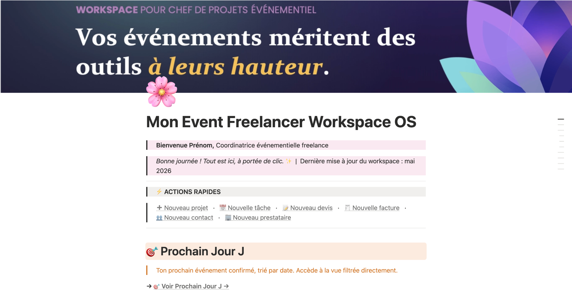 Mon Event Freelancer Workspace OS, page d'accueil